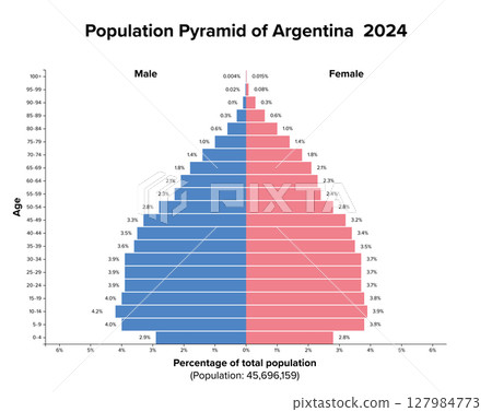 Argentina, population pyramid, 2024. Age structure diagram and graphical illustration of the distribution of over 45 million people, divided into females and males, quoted in percent and 4-year steps. 127984773
