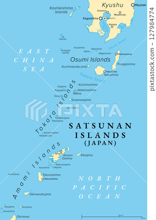 Satsunan Islands, Japan, political map. Group of Japanese islands, forming the northern part of Ryukyu Islands, belonging to Kagoshima Prefecture, and consisting of Osumi, Tokara, and Anami Islands. 127984774