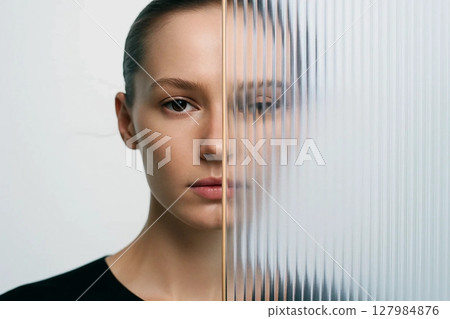 Thoughtful portrait of a young woman behind glass 127984876