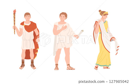 Roman citizens in traditional clothing set. Ancient Rome citizen characters in white tunic and sandals cartoon vector illustration 127985042