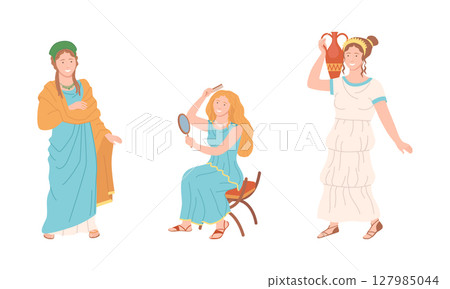 Roman women in traditional clothing set. Ancient Rome citizen characters cartoon vector illustration 127985044
