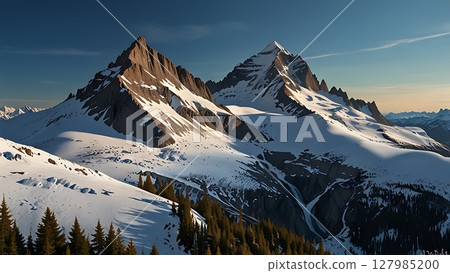 Dark brown mountains with glacier-like snow, embodying the stark beauty of a cold wilderness 127985200