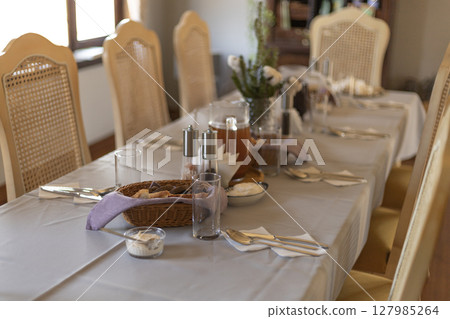 vintage style table setting in the village 127985264