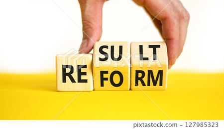 Reform and result symbol. Concept words Reform Result on beautiful wooden block. Beautiful yellow table white background. Businessman hand. Business Reform and result concept. Copy space. 127985323