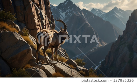 Serene scene of a markhor resting on a sloped terrain with scattered stones in the highlands of Pakistan 127985326