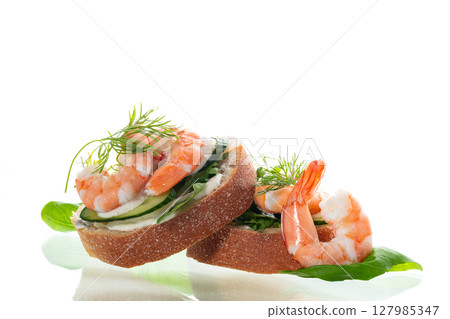 fitness sandwich with seafood on white background fitness sandwich with seafood on white background 127985347
