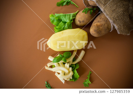 Nutritious potatoes whole, peeled and sliced on a brown background Nutritious potatoes whole, peeled and sliced on a brown background 127985359