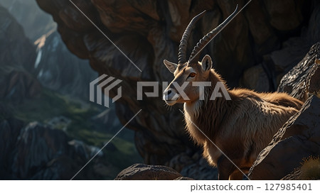 Elegant markhor of Pakistan resting gracefully on a sloped highland terrain with scattered stones and natural silence 127985401