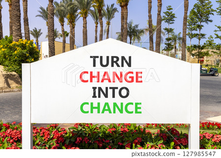 Turn change into chance symbol. Concept words phrase Turn change into chance on beautiful big white road sign. Beautiful palm blue sky background. Business Turn change into chance concept. Copy space. 127985547