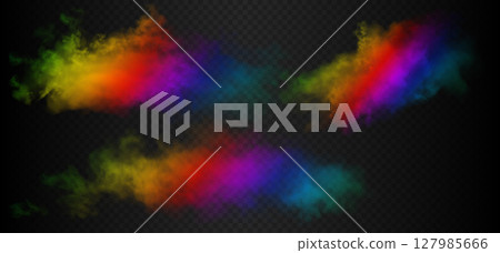 Set of 3 purple rainbow smoke cloud of red, orange, yellow, green, blue, purple and pink colors 127985666