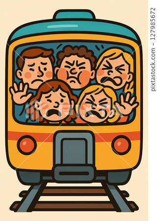 擁擠的通勤列車的卡通插圖 127985672
