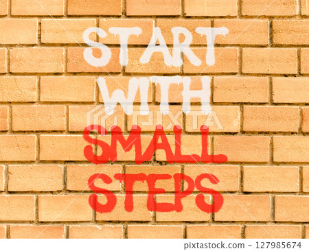 Start with small steps symbol. Concept words phrase Start with small steps on beautiful brown brick wall. Beautiful brown brick wall background. Business Start with small steps concept. Copy space. 127985674