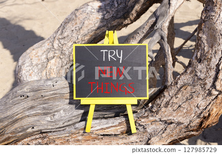 Try new things symbol. Concept words Try new things on beautiful blackboard. Beautiful old tree and sand beach background. Business motivational lifestyle try new things concept. Copy space. Try new things symbol. Concept words Try new things on beautiful blackboard. Beautiful old tree and sand beach background. Business motivational lifestyle try new things concept. Copy space. 127985729