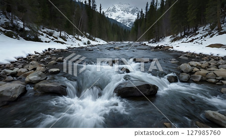 Glacier-Runoff Waterfall Descending from Towering Snowy Mountains into a Still and Silent Frozen Forest Below 127985760