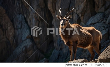 Calm and Serene Markhor Resting at the Entrance of a Mountain Cave High Above the Rugged Cliffs and Valleys Below 127985908