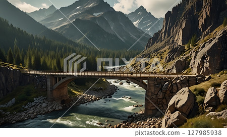 Scenic view of a weathered wooden footbridge amidst steep mountain peaks 127985938