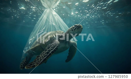 sea turtle is trapped in a plastic bag, drifting through the polluted ocean a heartbreaking example of the hazards facing marine life. 127985950
