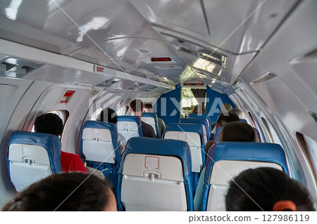 Plane cabin interior of a small aircraft Plane cabin interior of a small aircraft 127986119