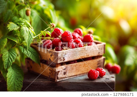 Fresh raspberries in a wooden box surrounded by bushes of growing raspberries, concept of picking ripe berries in season, rural life 127986171