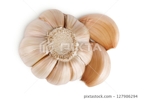 unpeeled whole garlic and cloves isolated on white background close up. Top view. Flat lay. 127986294