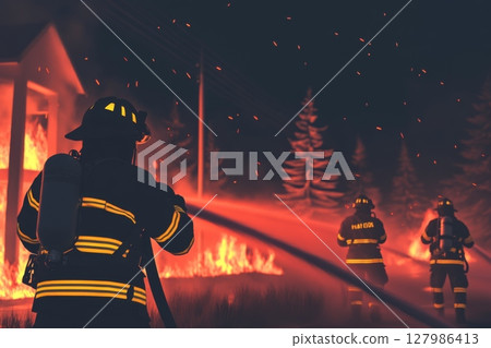 Firefighters engaged in intense firefighting efforts at night while battling wildfires in a wooded area, focusing on controlling flames and protecting surroundings 127986413