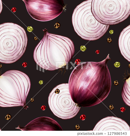 Seamless pattern with Red onions. Red chilli pepper. Watercolor hand drawn purple onion isolated on background. illustration. For designers, menu, decoration, food blog, ecofriendly branding. Healthy 127986543