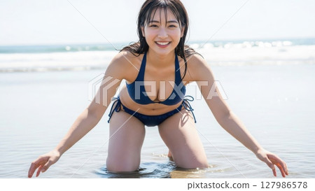 A Japanese woman in a bikini kneeling in shallow water and smiling 127986578