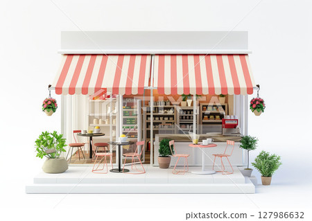 Small, cute coffee shop with awning on roof, white background, isometric view. 3D clay miniature style adds charm. 127986632