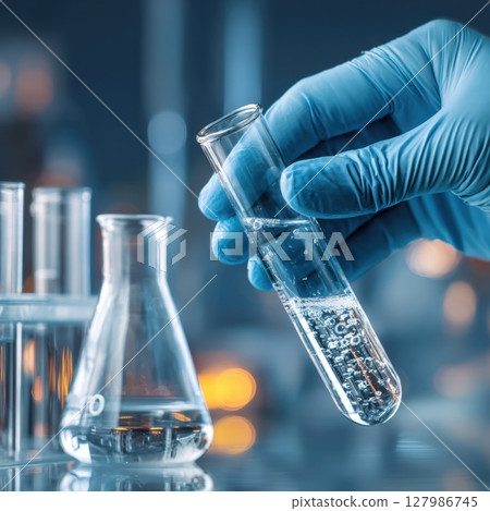 Pioneering Discoveries A Hand in Blue Gloves Carefully Dispenses Liquid into a Test Tube, Advancing Scientific Research. 127986745