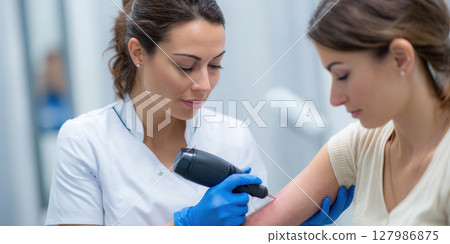 Dermatological Skin Examination: Specialist Conducting a Thorough Check-up with Advanced Tools for Early Detection and Skin Health. 127986875