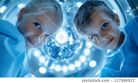 Young children dressed in surgical gowns peering into operating room's bright light, revealing medical world fascination and childhood innocence,children wearing surgical gowns 127986927