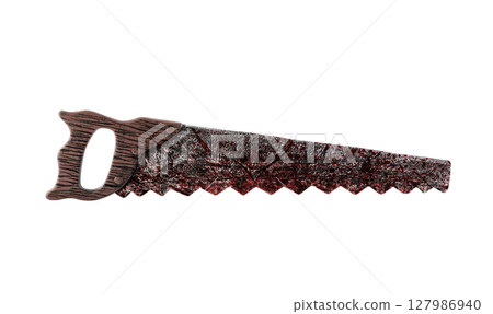 Old retro rusty handle saw in red blood isolated on white background with clipping path Old retro rusty handle saw in red blood isolated on white background with clipping path 127986940
