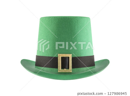 Green St. Patrick's Day felt top hat with gold buckle isolated on white with clipping path 127986945