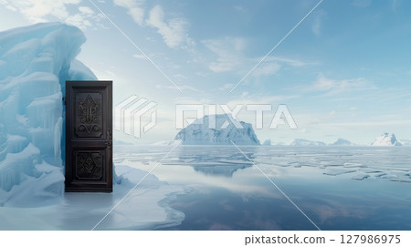Massive iceberg drifting in arctic waters, weathered wooden door embedded within frosty surface, hinting at hidden passage through desolate frozen wilderness 127986975