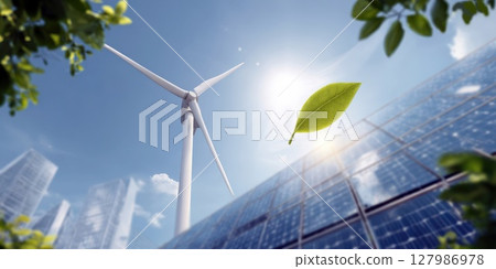 Harnessing Nature's Power: Wind Turbine, Solar Panels, and Green Leaf Symbolizing Sustainable Energy and Eco-Friendly Urban Development for a Brighter, Cleaner Future 127986978