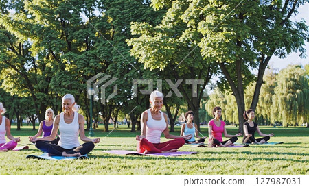 Senior Caucasian woman leads meditation in park, woman sits cross-legged in sunlight while group follows her peaceful pose, nature enhances wellness, calm guides outdoor practice. 127987031
