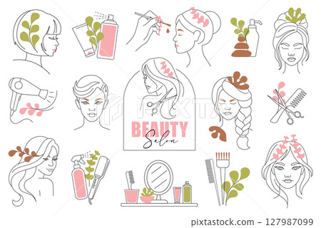 Hair and Face Branding Elements. Vector Line Art Icons for Beauty Logos and Salon Design with floral shapes 127987099