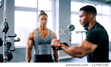 Afro-American trainer gives advice to client near dumbbells, man in black shirt points at chart while discussing reps, both men share focus in gym, goal-driven planning, strength collaboration. 127987100