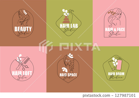 Minimal Hair and Beauty Logos. Pre-made Line Art Badges for Salon Branding in a Vector illustration 127987101