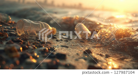 Urgent Environmental Crisis: Plastic Bottles and Debris Pollute a Sun-Kissed Beach at Sunset, Highlighting Marine Pollution, Waste Management, and the Critical Need for Global Ocean Conservation 127987104