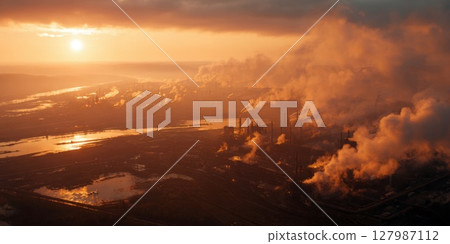 Industrial Pollution at Sunset: Factory Chimneys Spewing Thick Smoke and Smog into a Hazy Sky, Highlighting Environmental Damage, Air Pollution, and Urgent Climate Concerns 127987112