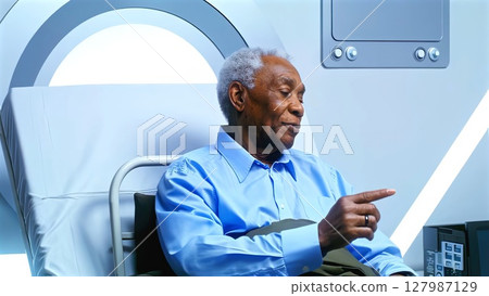 Senior African American patient resting in hospital bed, interacting with digital medical display, highlighting advanced healthcare monitoring technology 127987129