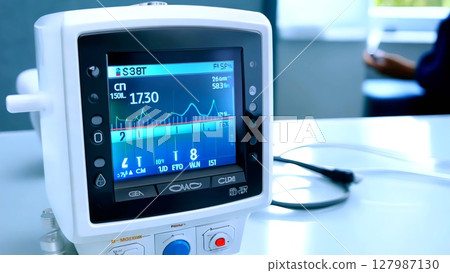 Medical monitor displaying vital signs data, blurred healthcare professional revealing technological advancement in clinical settings 127987130