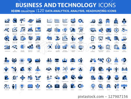 Headhunting icon set. Recruitment icon. Analytics icon set. Containing data analytics, graph visualization, dashboard metrics, report, financial, seo analytics, Job Interview, Career Path, Resume 127987156