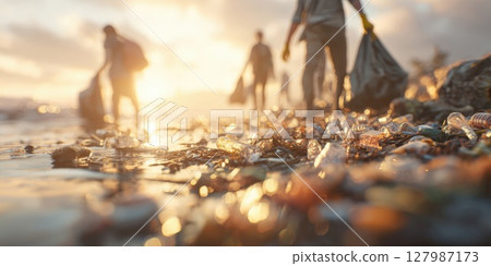 Dedicated Eco-Volunteers Collect Trash on a Sun-Drenched Beach at Sunset, Symbolizing Community Action, Environmental Stewardship, and a Collective Commitment to Ocean Conservation Dedicated Eco-Volunteers Collect Trash on a Sun-Drenched Beach at Sunset, Symbolizing Community Action, Environmental Stewardship, and a Collective Commitment to Ocean Conservation 127987173