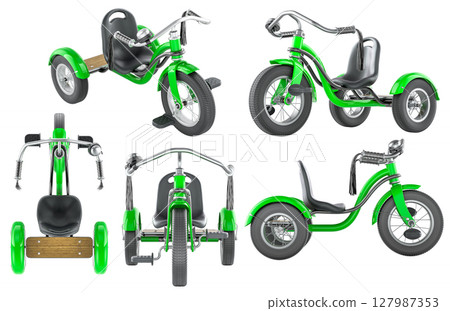 Green kids tricycle from multiple angles. 3D rendering 127987353