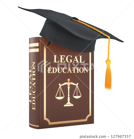 Legal education book with graduation cap. 3D rendering Legal education book with graduation cap. 3D rendering 127987357