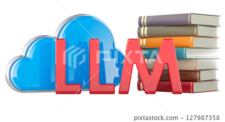 LLM, large language model concept. LLM with cloud icon and books. 3D rendering LLM, large language model concept. LLM with cloud icon and books. 3D rendering 127987358