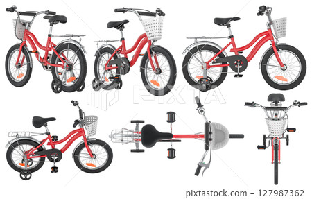 Red kids bicycle with training wheels and basket, from multiple angles. 3D rendering 127987362