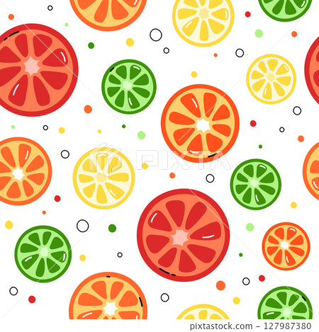 Seamless citrus pattern. Vector background with flat colorful slices of orange, lemon, grapefruit and lime. Repeating summer design, print with simple fruit slices Seamless citrus pattern. Vector background with flat colorful slices of orange, lemon, grapefruit and lime. Repeating summer design, print with simple fruit slices 127987380